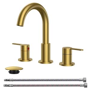 FORIOUS 8-Inch Widespread Bathroom Faucet – 3-Hole, 2-Handle Vintage Brass Design With Metal Pop-Up Drain & Supply Lines (Brushed Gold)
