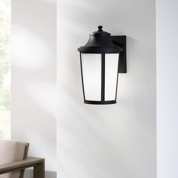 Portola Medium Textured Black Traditional Outdoor Hardwired Lantern Sconce with Etched White Glass, No Bulb Included