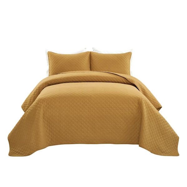 Ava Diamond Oversized Cotton Mustard Quilt King Set (3-Piece)