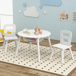 Kids Wooden White Round Table and 2 Chair Set with Center Mesh Storage