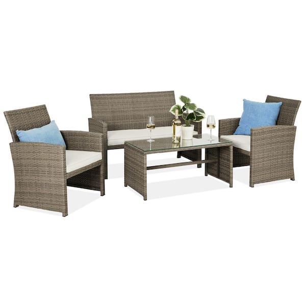 Best Choice Products Taupe 4-Pieces Wicker Patio Conversation Set with White Sand Cushions, 4 Seats, Tempered Glass Table Top