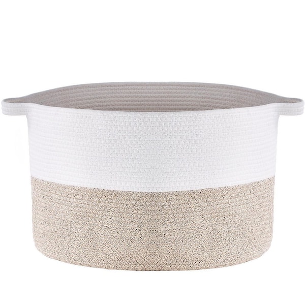 SKYSHALO Blanket Basket, Brown, 20 in. x 13 in. Cotton Rope Basket, Decorative Basket with Handles, Round Laundry Hamper Basket