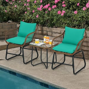 3-Piece Wicker Outdoor Bistro Set with Turquoise Cushions