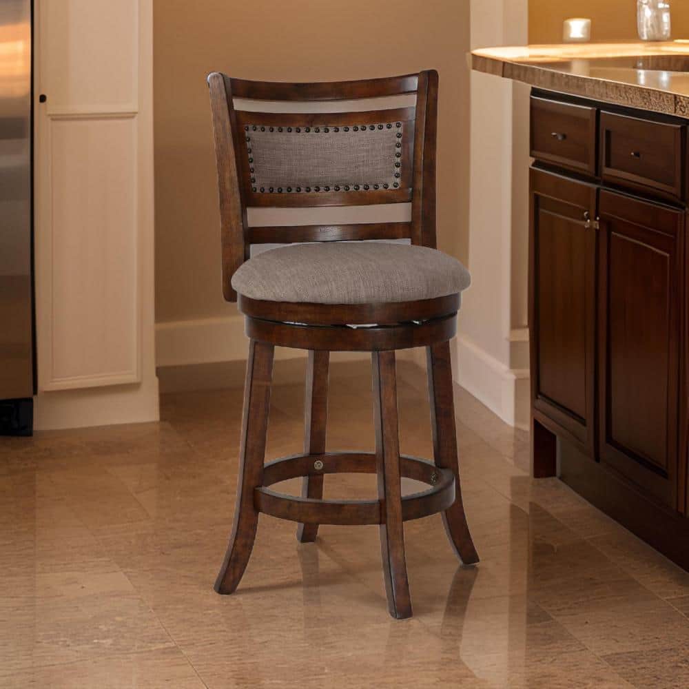 Curved Swivel Solid Wood Counter Stool with Beige Fabric Cushion