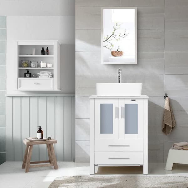 Bathroom Vanity W/Ceramic Vessel Sink Side Shelves Storage Cabinet White