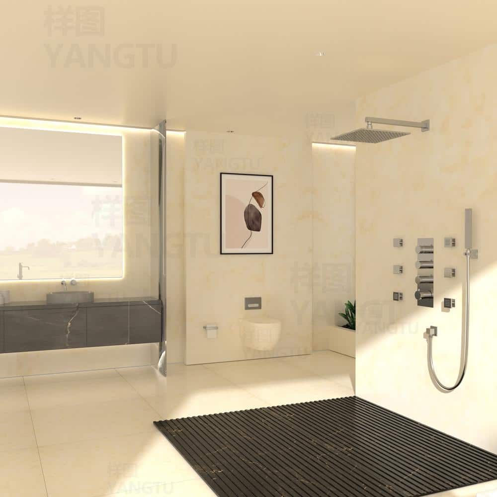 12 Inch Chrome LED Wall Mounted Rain Shower System with Handheld and Body Jets