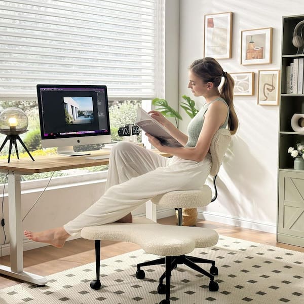 Fabric Ergonomic Cross-Legged Office Chair ADHD Adjustable Office Chair with Back Support and Wheels, Beige