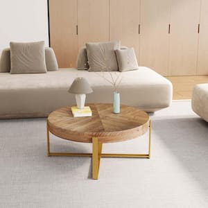 33.86 in. Gold Round Wood Coffee Table with Cross Legs Base