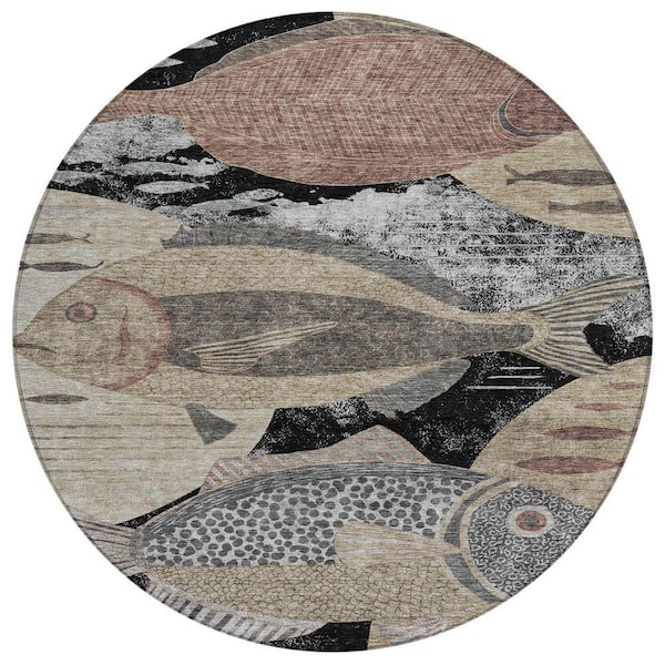 Chantille Machine Washable Indoor/Outdoor Abstract ACN2447 Black 8 ft. x 8 ft. Round Rug