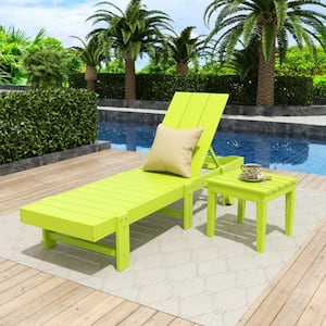 Shoreside 2-Piece Modern Plastic Outdoor Reclining Chaise Lounge With Wheels and Side Table in Lime