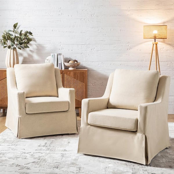 Stewart Linen Traditional Slipcovered Swivel Chair with Sloped Armrest (Set of 2)