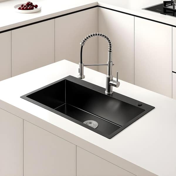 27 in. x 19 in. Black Stainless Steel Single Bowl Drop-In Kitchen Sink with Drain and Hooks
