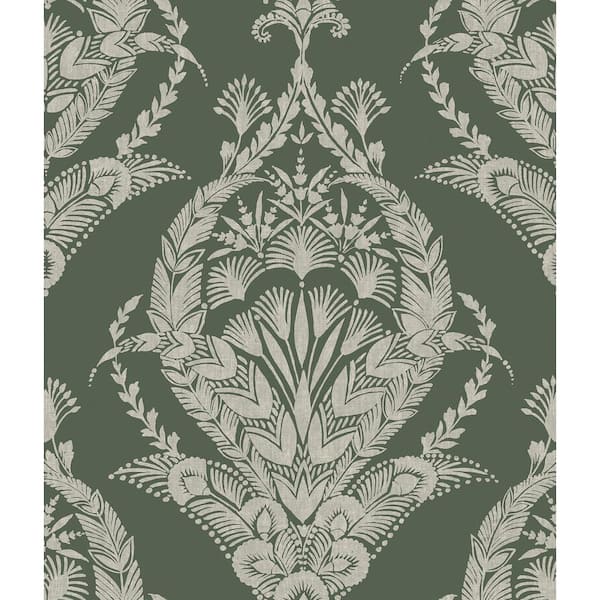 A-Street Prints Arlie Green Evergreen Botanical Damask Matte Non Woven Wallpaper Sample