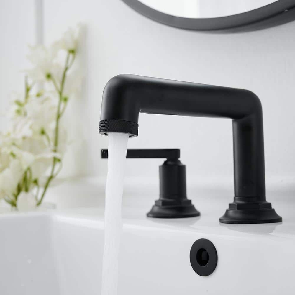 Matte Black Widespread Double Handle Bathroom Faucet with Metal Drain