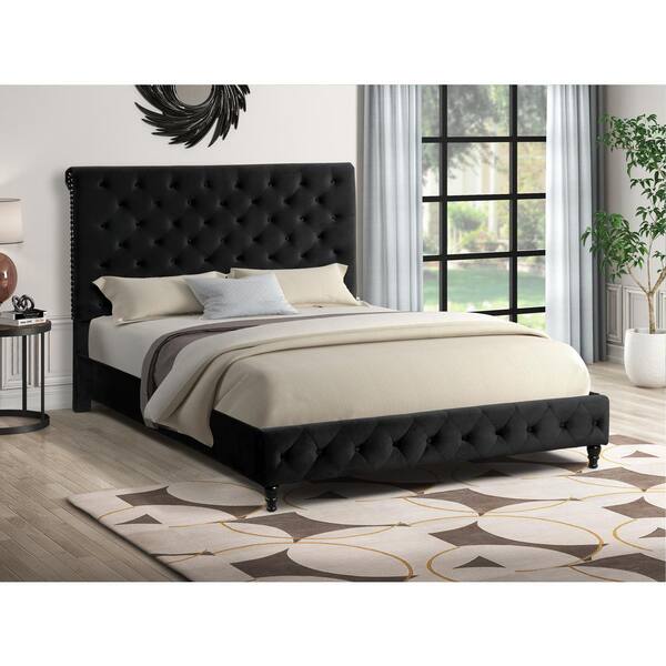 Tufted Queen Size Headboard & Platform Bed in Black Fabric with Nailhead Trim 