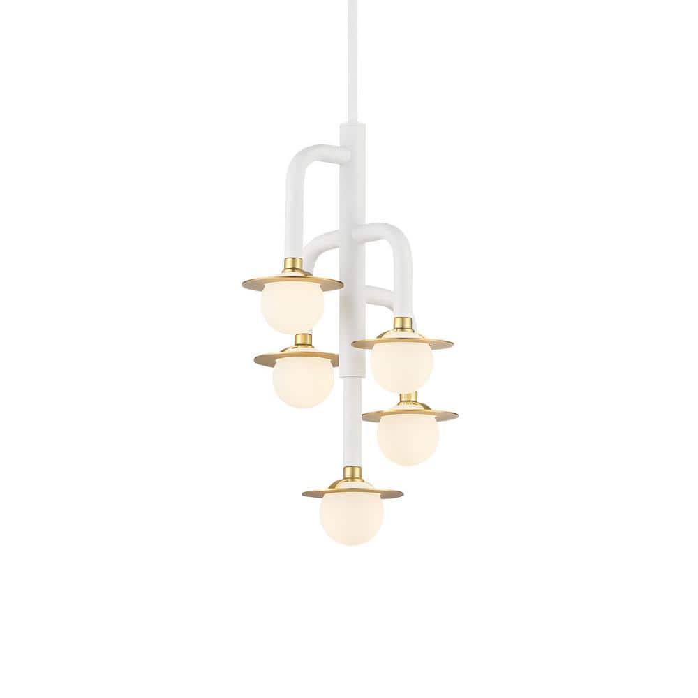 Tubular Matte White and Honey Gold LED Pendant with Etched Opal Glass