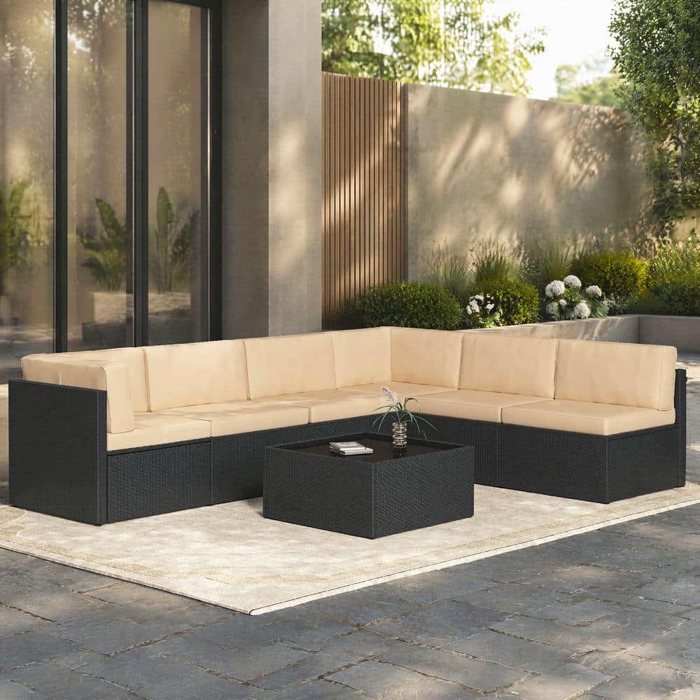 7-Piece Wicker Garden Sectional Furniture Set Outdoor Conversation Set with Black Rattan&Beige Cushion price history on PriceWatchPro