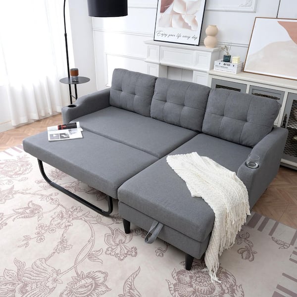 Marsh Modern 74.8 in. Grey Upholstered Fabric Convertible Sleeper Twin Size Sofa Bed with Storage Chaise, Cup Holder