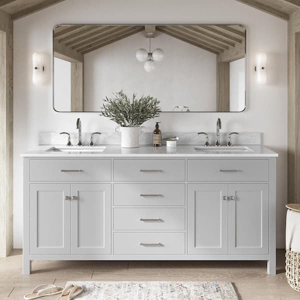 ARIEL Bristol 73 in. W x 22 in. D x 35.25 in . H Double Freestanding Bath Vanity in Grey with White Marble Top
