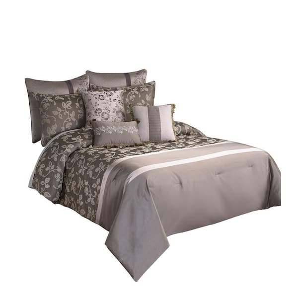 Benjara 10-Piece Gray Floral Polyester King Comforter Set