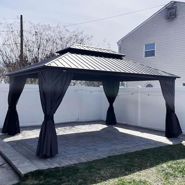 12 ft. x 16 ft. Gray Aluminum Hardtop Gazebo Canopy with Netting and Curtains