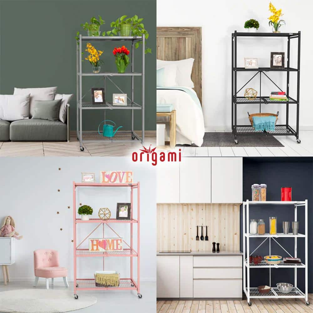 Pewter 4-Tier Foldable Wire Storage Rack with Wheels