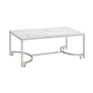 22 in. White and Silver Rectangle Wood Coffee Table with Geometric Base