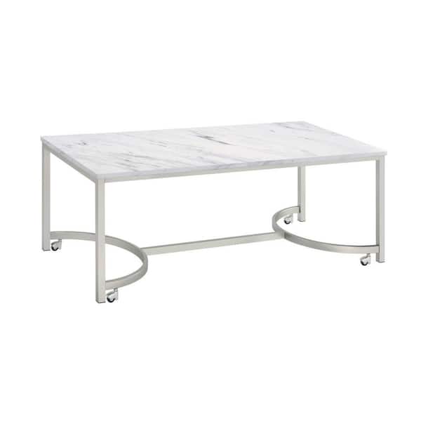 Benjara 22 in. White and Silver Rectangle Wood Coffee Table with Geometric Base