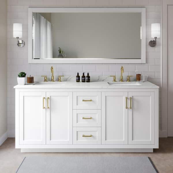 Wyndham Collection Miranda 72 in. W x 22 in. D x 33.75 in. H Double Bath Vanity in White with Giotto Quartz Top and 70 in. Mirror