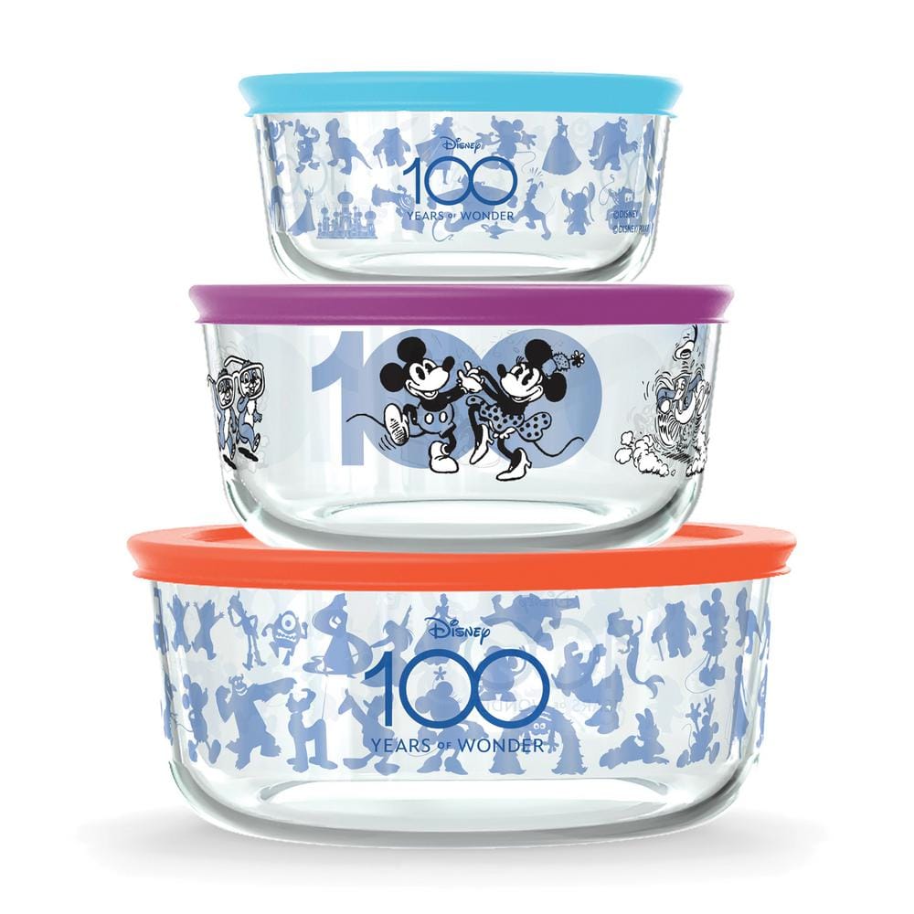Disney Pyrex 100 Year Anniversary In Black & White 8Pc Decorated Glass Food  Storage Bowl w/Lid Set-New in Box