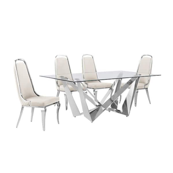 Best Quality Furniture Rae 5-Piece Rectangular Glass Top Stainless Steel Base Dining Set With 4 Cream Velvet Chrome Iron Legs Chairs