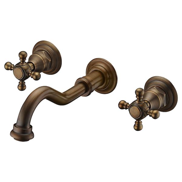 SUMERAIN Antique Double Handle Wall Mounted Bathroom Faucet with Valve in Antique Brass
