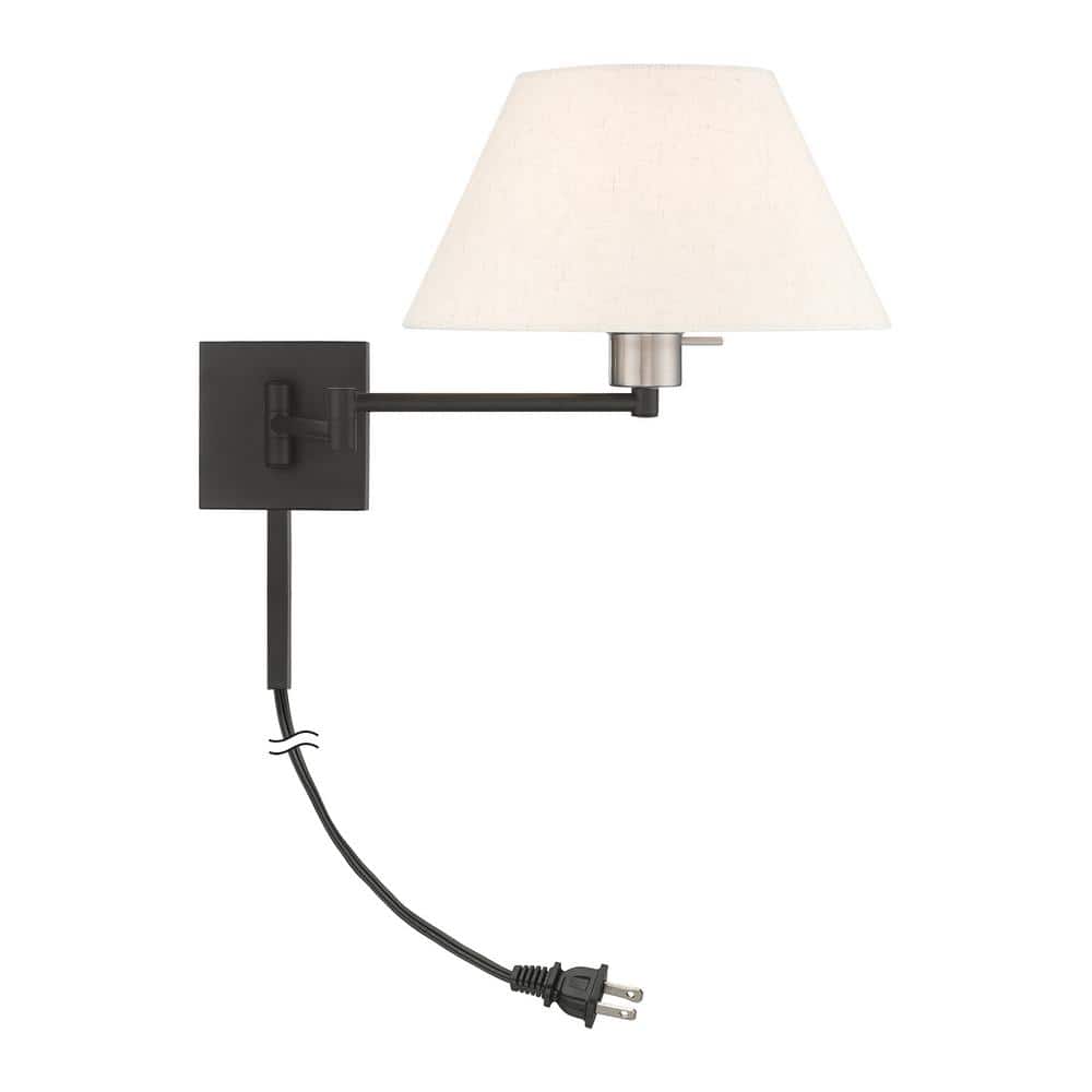 Classic Black Swing Arm Wall Lamp with Oatmeal Fabric Shade
