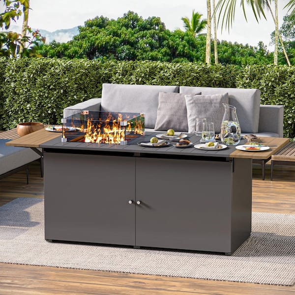 64 in. 55,000 BTU Metal Propane Fire Pit Table Outside Patio with Glass Wind Guard