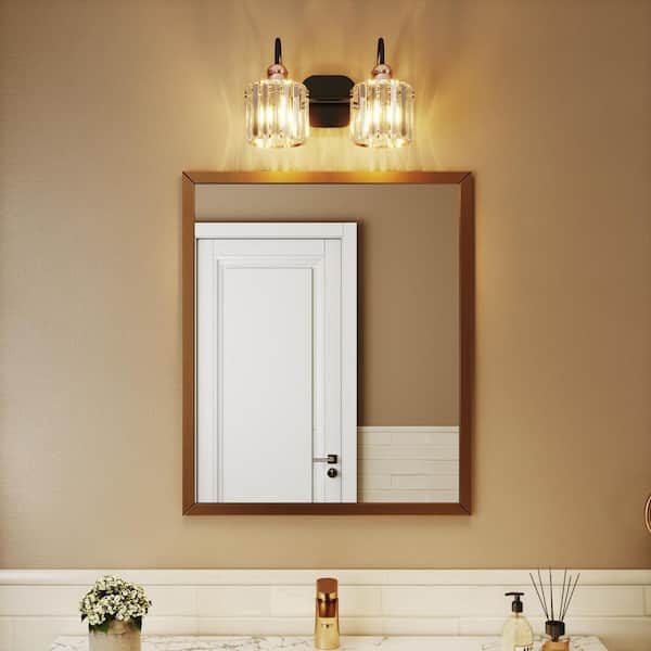 Merrin 14.3 in. 2-Lights Black Bathroom Vanity Light Wall Fixture for Bathroom Mirror with Crystal Shades