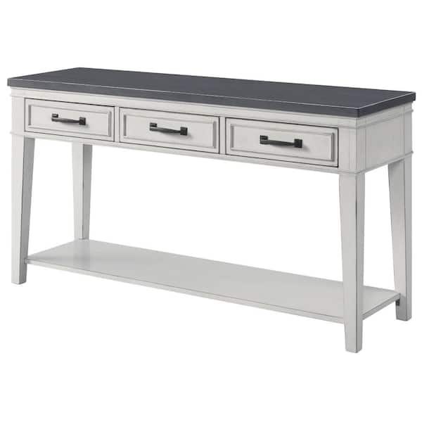 Benjara 55 in. White and Gray Rectangle Wood Top Console Table with 3-Drawer and Bottom Shelf