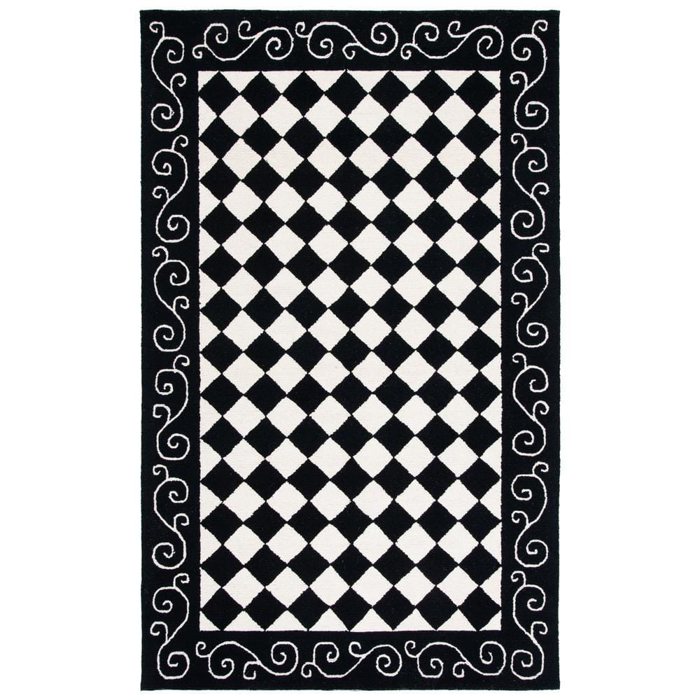 Handmade Black and Ivory Wool Floral Small Rug