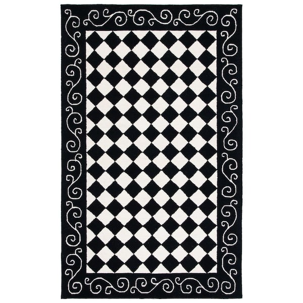 SAFAVIEH Chelsea Black/Ivory Doormat 3 ft. x 5 ft. Floral Plaid Border Area Rug