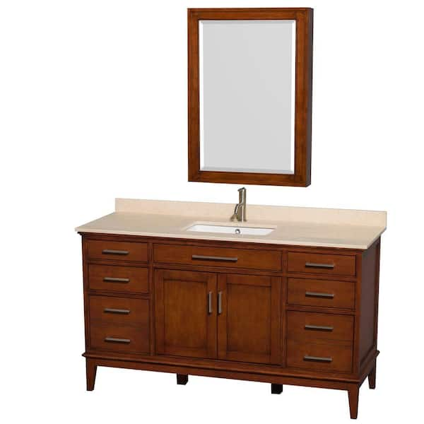 Wyndham Collection Hatton 60 in. Vanity in Light Chestnut with Marble Vanity Top in Ivory, Square Sink and Medicine Cabinet