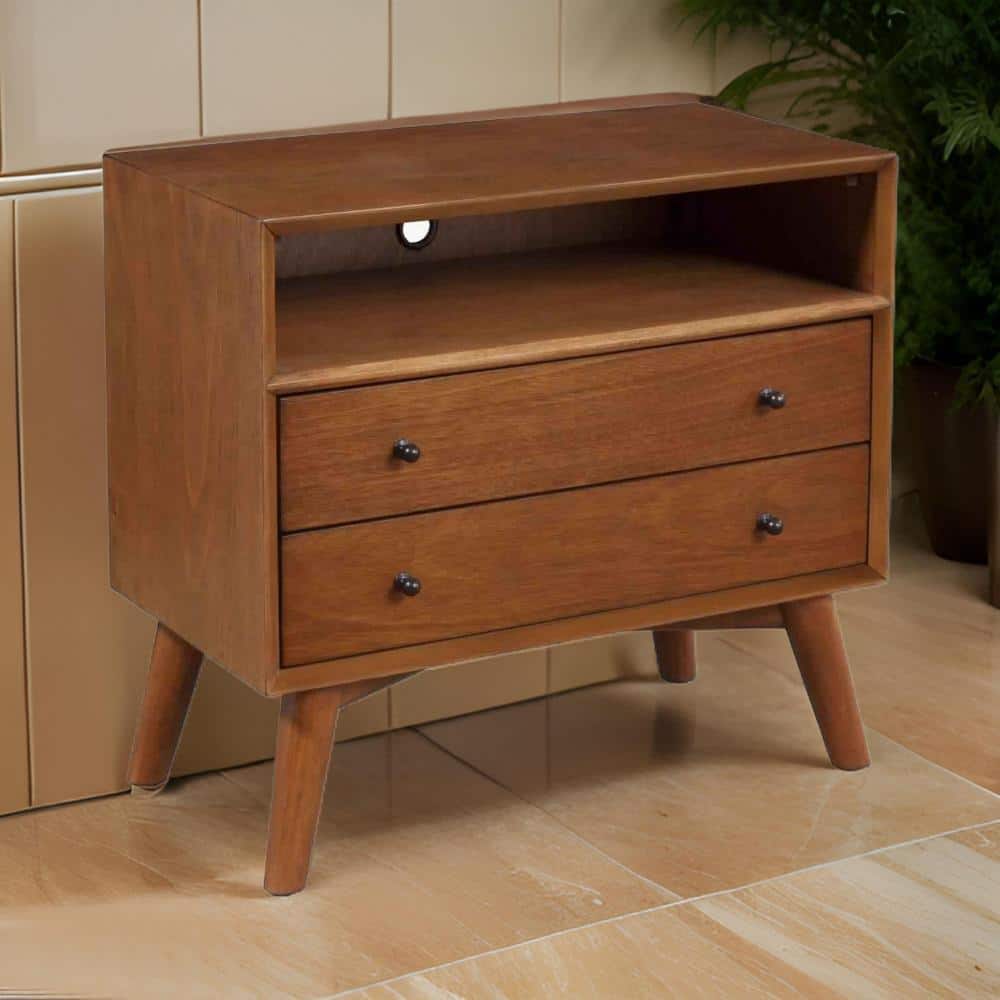 Brown Solid Wood 2-Drawer Nightstand with Open Compartment