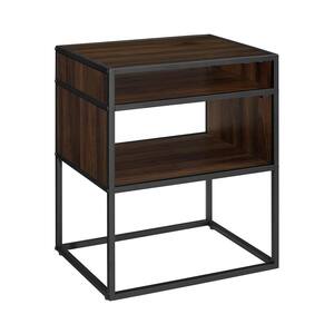 20 in. Dark Walnut Metal and Wood Side Table with Open Shelf