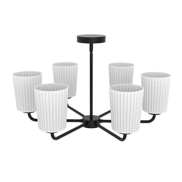 YANSUN 28 in. 6-Light Black Modern Semi-Flush Mount Pendant Lighting, Adjustable Height with Glass Shades for Dining Room