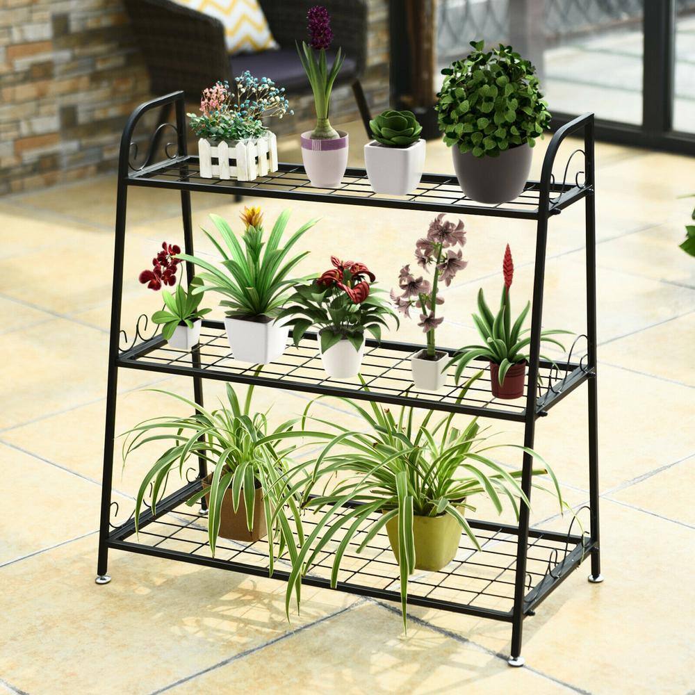 Black Steel 3-Tier Plant Stand with Adjustable Footpads