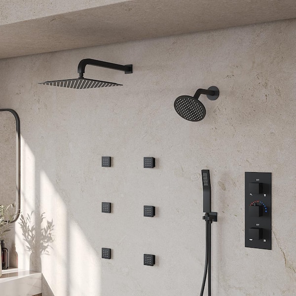 ZenithRain Thermostatic Dual Showers 8-spray 12 in. Shower System with Hand Shower in Matte Black Valve Included