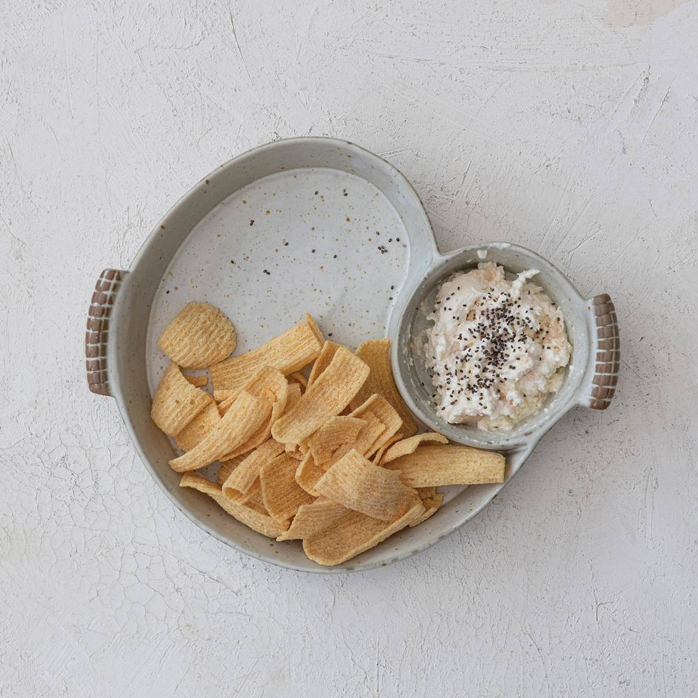 Ivory Ceramic Tiered Chip and Dip Tray with Handles