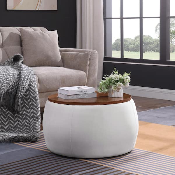 Morden Fort 25 in. White Velvet Upholstered Round Medium Storage Ottoman Foot Rest Stool for Living Room Bedroom Coffer Table Wood