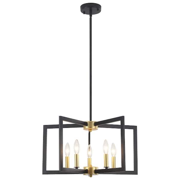 5-Light Black and Gold Modern Industrial Chandelier Farmhouse Candle-Style Geometric Rectangle Pendant Light