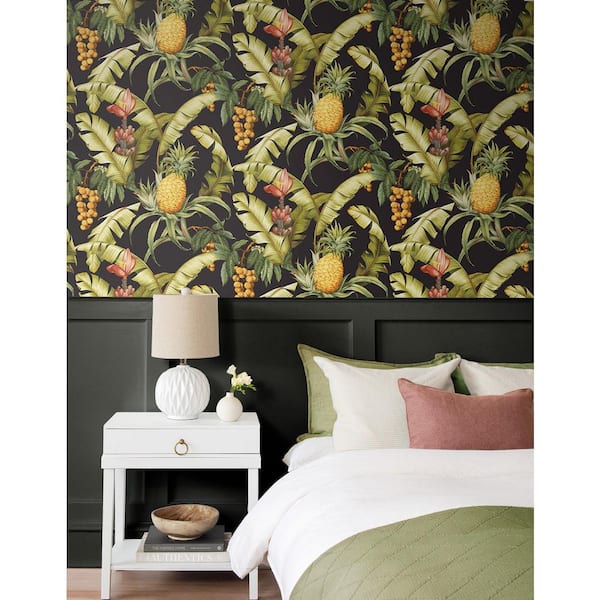 30.75 sq. ft. Ebony Pineapple Floral Vinyl Peel and Stick Wallpaper Roll