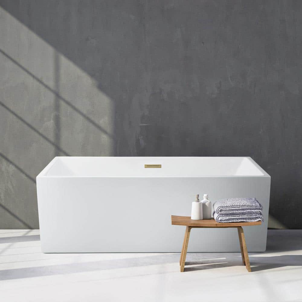 58'' Glossy White Acrylic Freestanding Soaking Tub with Brass Drain