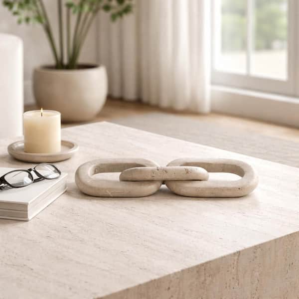Ivory 13.75 in. x 2.25 in. Stone Travertine 3 Link Chain Sculpture